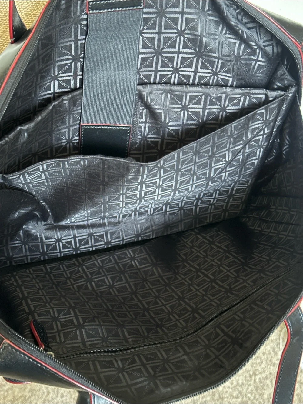 Lodis Black Leather Tote Bag with Red Trim